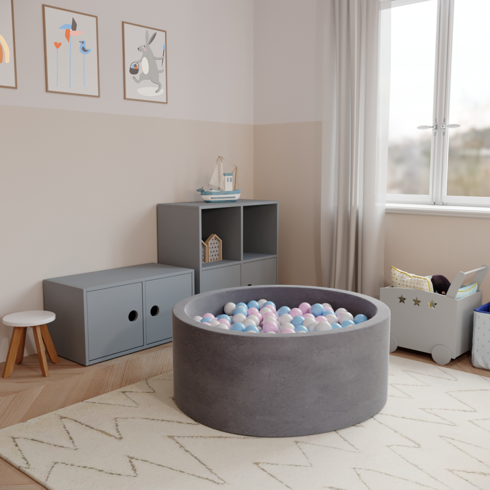 Round Ball Pit - Velvet Silver - 90X40 W100 Balls (White, Baby Blue, Baby Pink, Pearl)