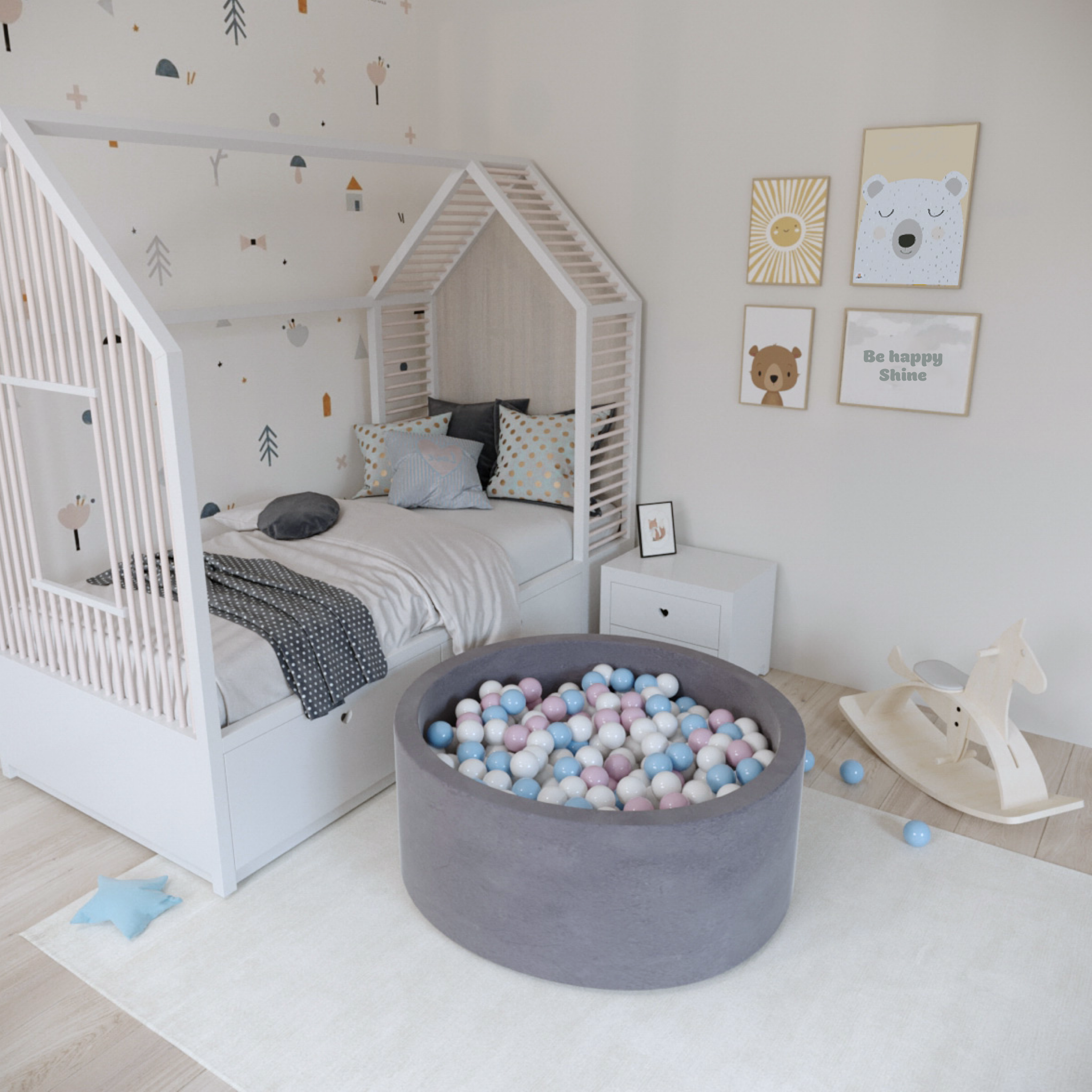 Round Ball Pit - Velvet Silver - 90X40 W200 Balls (White, Baby Blue, Baby Pink, Pearl)