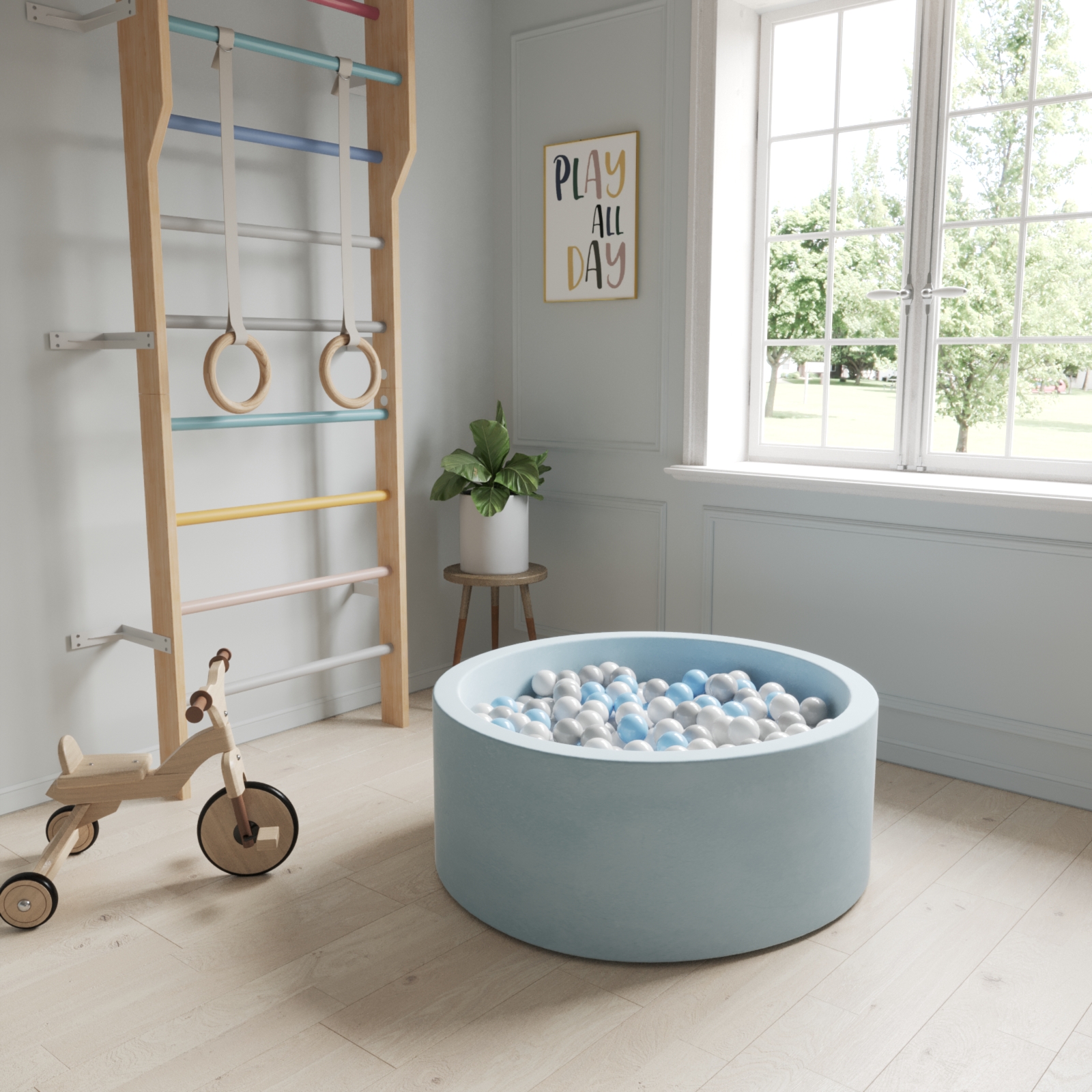 Ezzro - Pale Blue - 120x50 - Round Ball Pit - With 400 Balls (Light Grey, Transparent, Baby Blue, White)