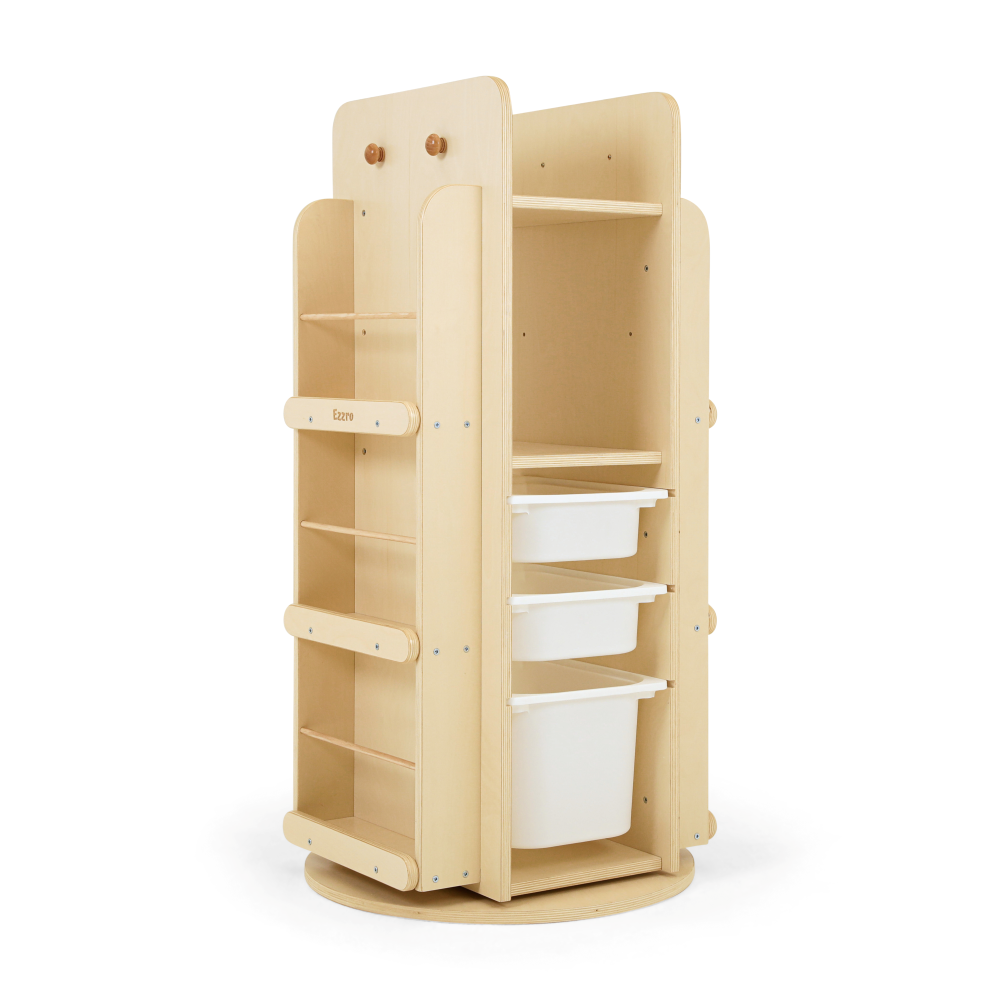 Natural Library Rotating Bookshelf and 3 Storage Boxes
