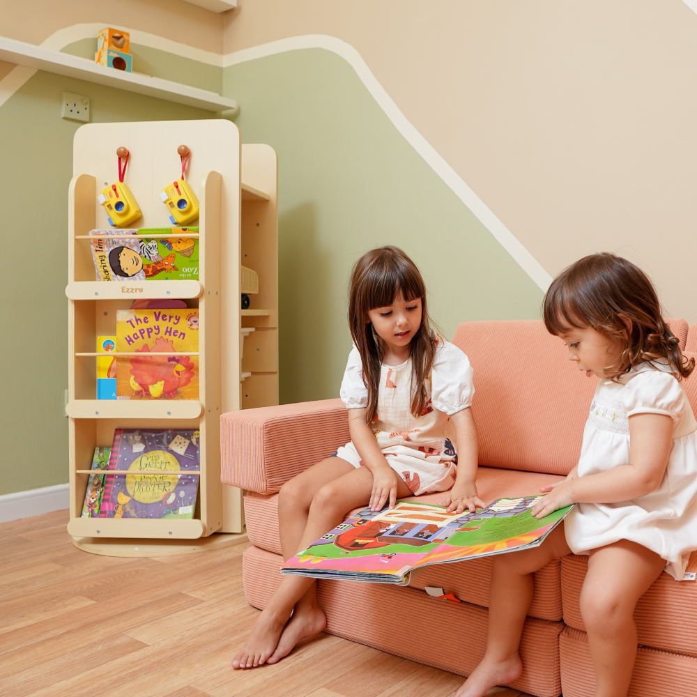 Natural Library Rotating Bookshelf and 3 Storage Boxes