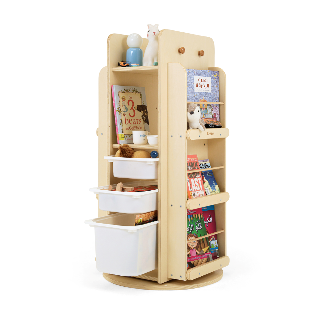 Natural Library Rotating Bookshelf and 3 Storage Boxes