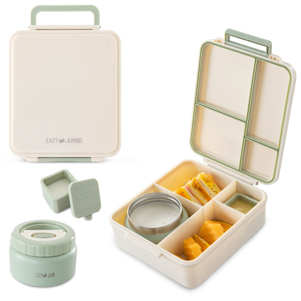 Eazy Kids Personalized Jumbo Bento Lunch Box w/Thermos & Dip Jar- Ivory