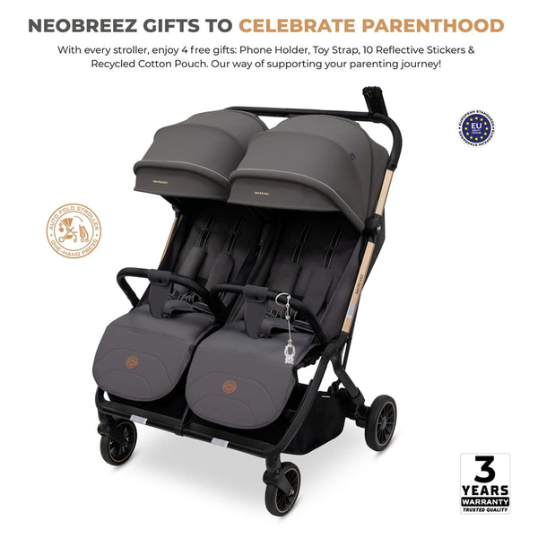 Neobreez – Twinex Auto Fold Double Stroller Compact Twin Stroller – Grey