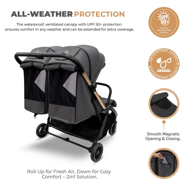 Neobreez - Twinex Auto Fold Double Stroller Compact Twin Stroller - Grey