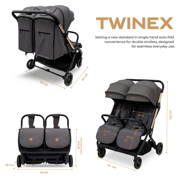 Neobreez – Twinex Auto Fold Double Stroller Compact Twin Stroller – Grey