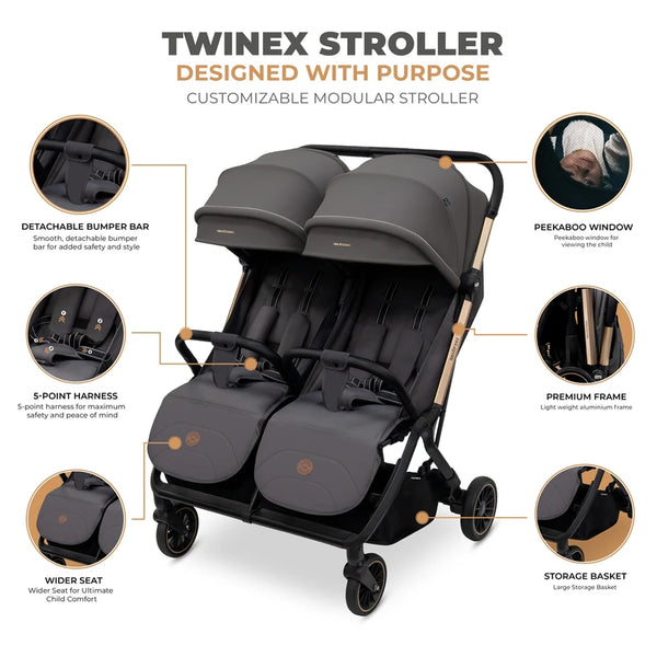 Neobreez – Twinex Auto Fold Double Stroller Compact Twin Stroller – Grey