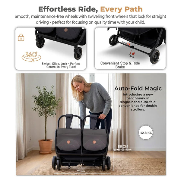Neobreez – Twinex Auto Fold Double Stroller Compact Twin Stroller – Grey