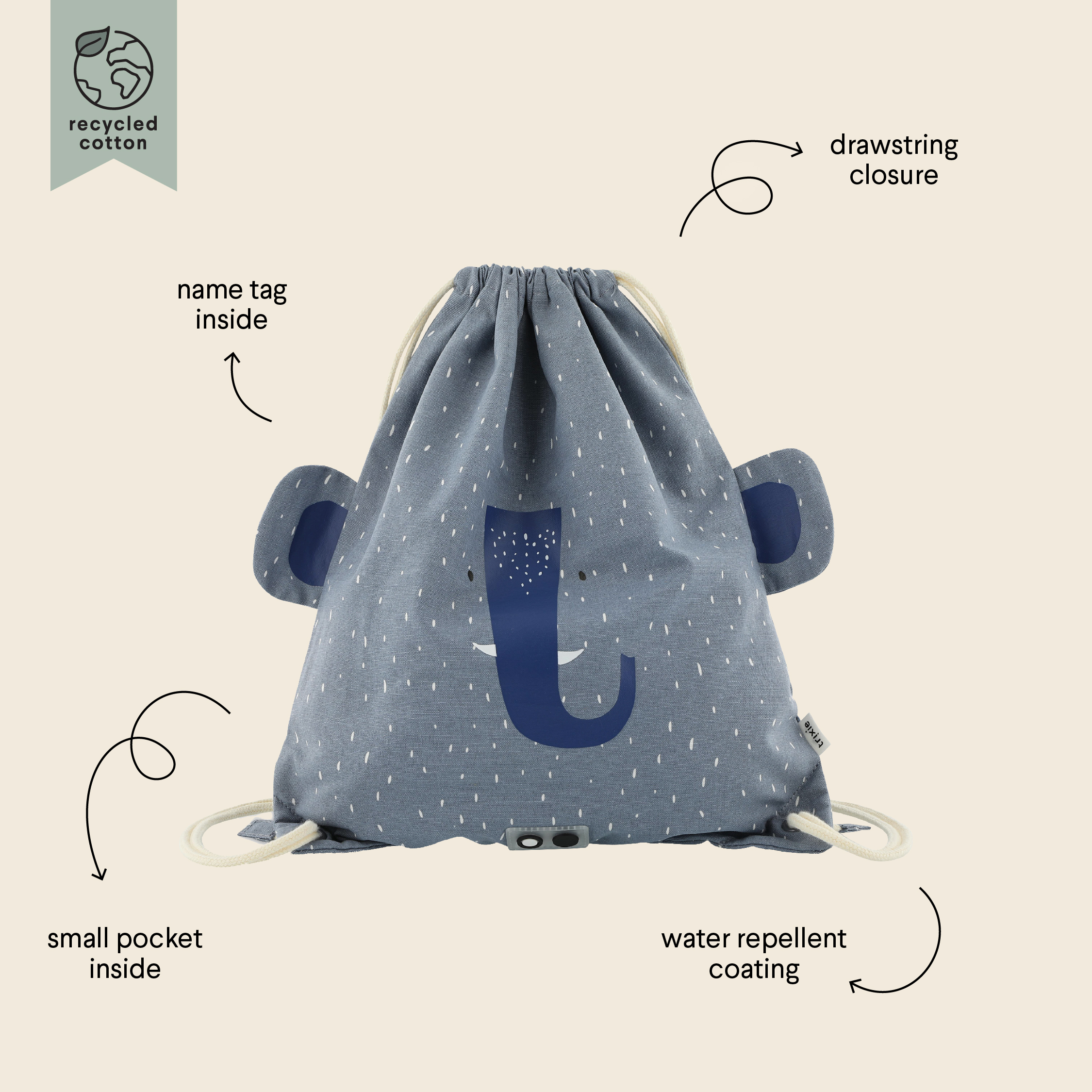 Kids Drawstring Bag - 15.7 Inch/40 cm - Mrs. Elephant