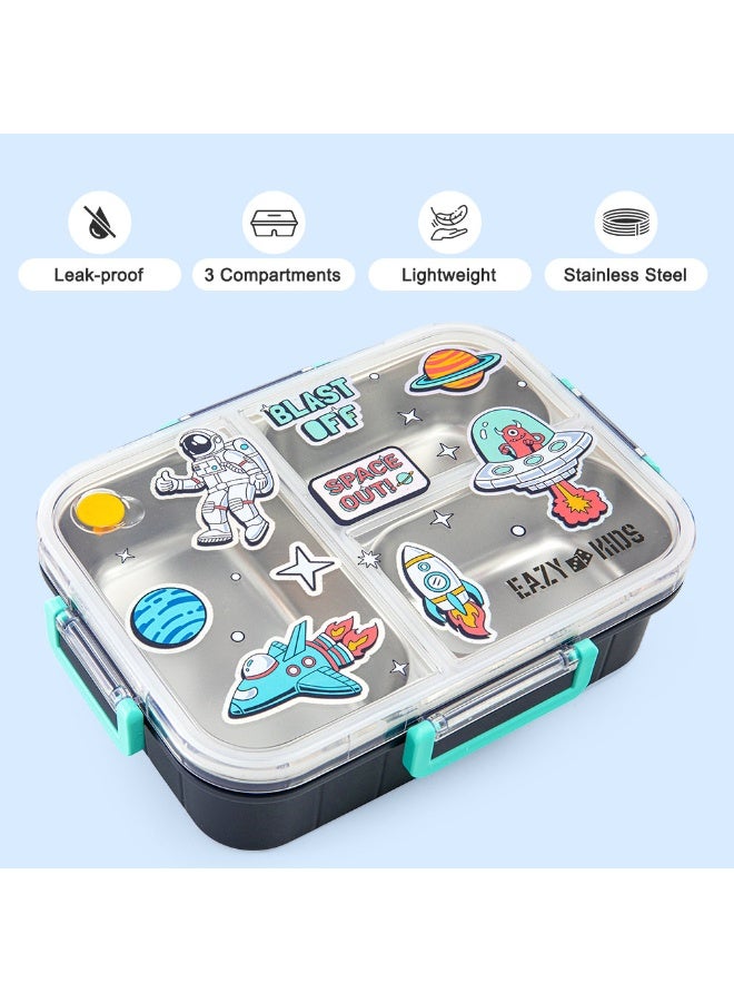Eazy Kids Personalized 3 Compartment Stainless Steel bento Lunch Box - Space out 800ml - Blue