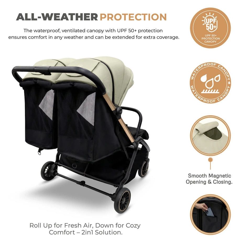 Neobreez – Twinex Auto Fold Double Stroller Compact Twin Stroller – Beige/Black