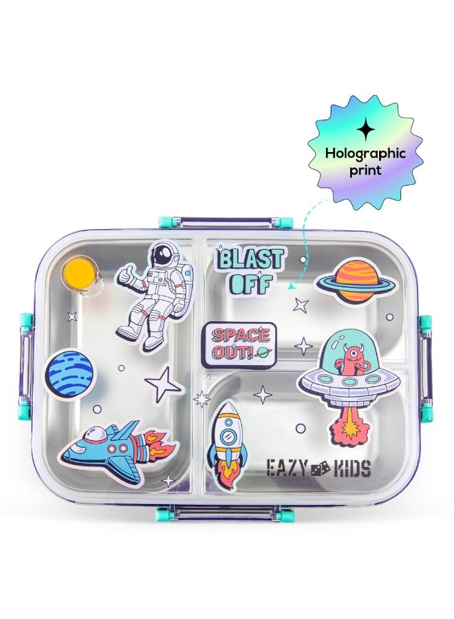 Eazy Kids Personalized 3 Compartment Stainless Steel bento Lunch Box - Space out 800ml - Blue