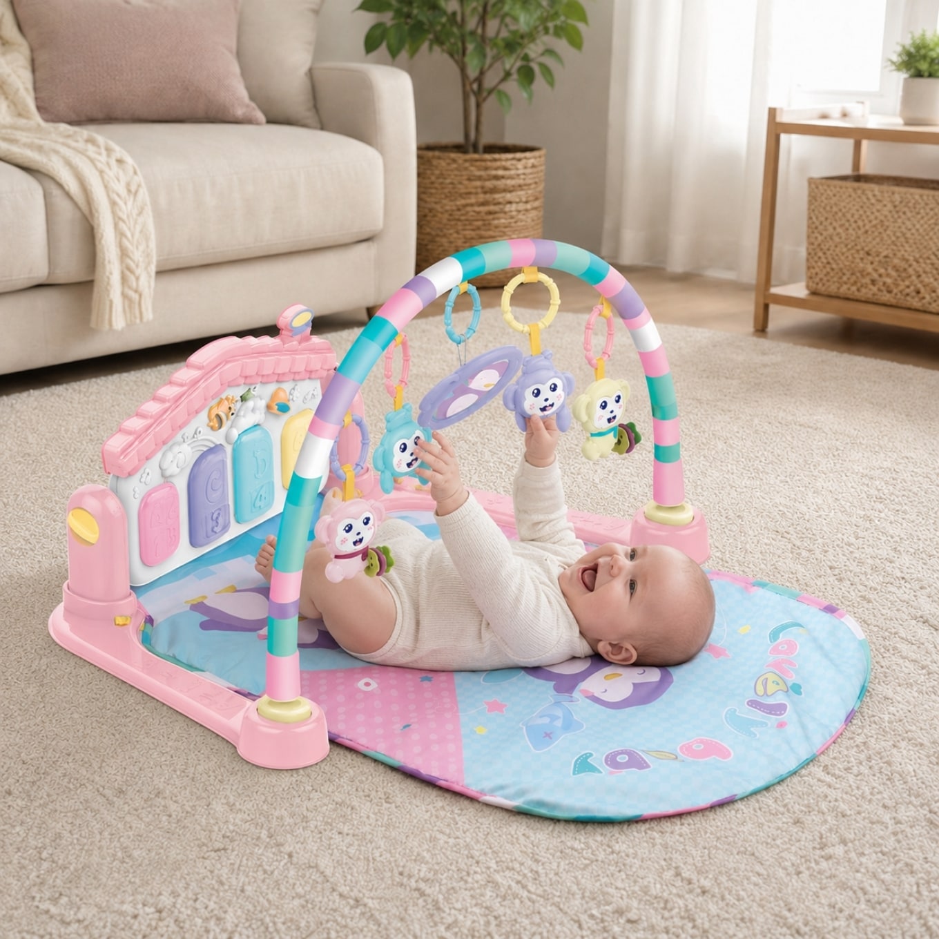 Huanger - Baby Play Mat Gym with Music & Hanging Rattles - Pink