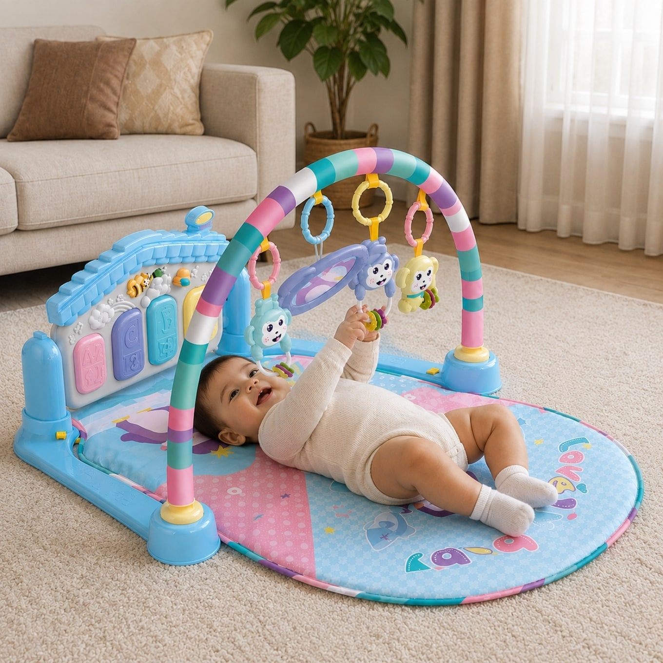 Huanger - Baby Play Mat Gym with Music & Hanging Rattles - Blue