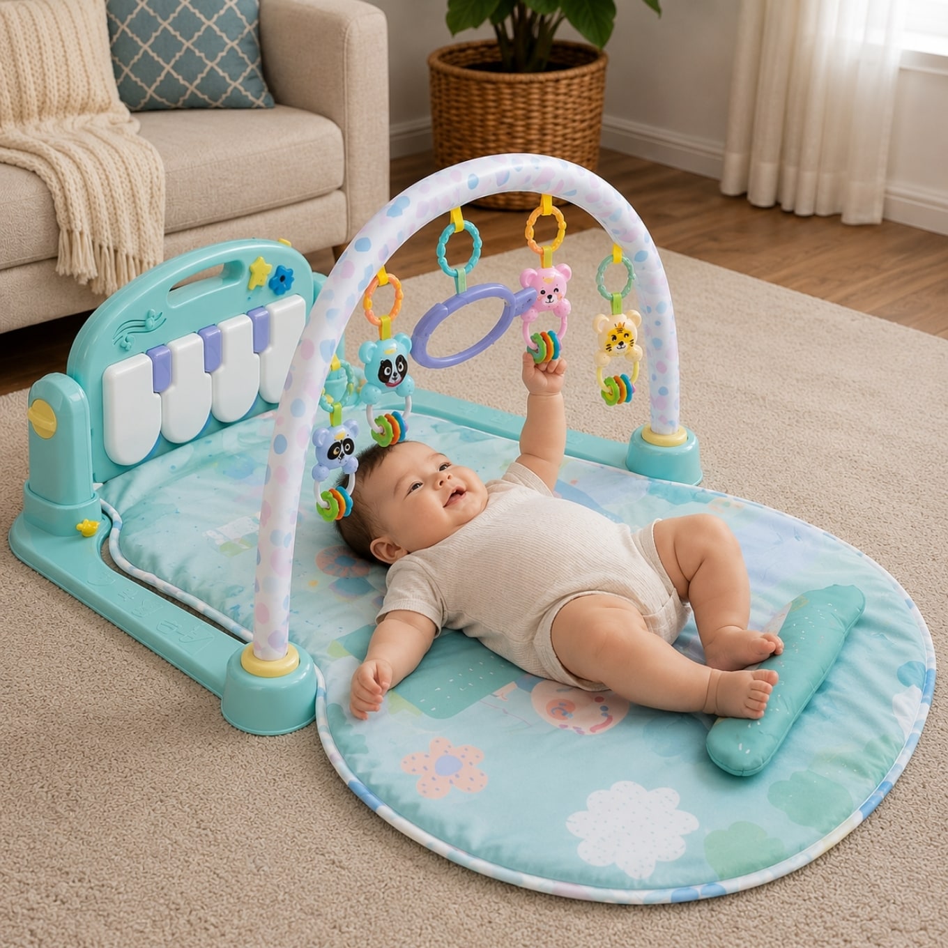 Huanger - Baby Play Mat Gym with Piano & Hanging Rattle Toys - Blue