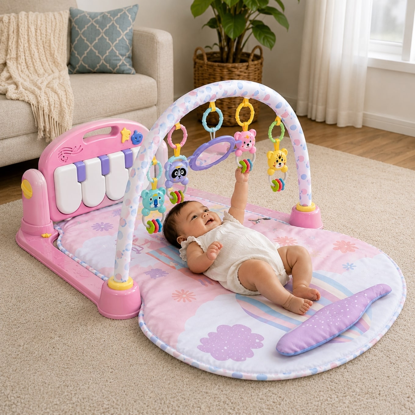 Huanger - Baby Play Mat Gym with Piano & Hanging Rattle Toys - Pink