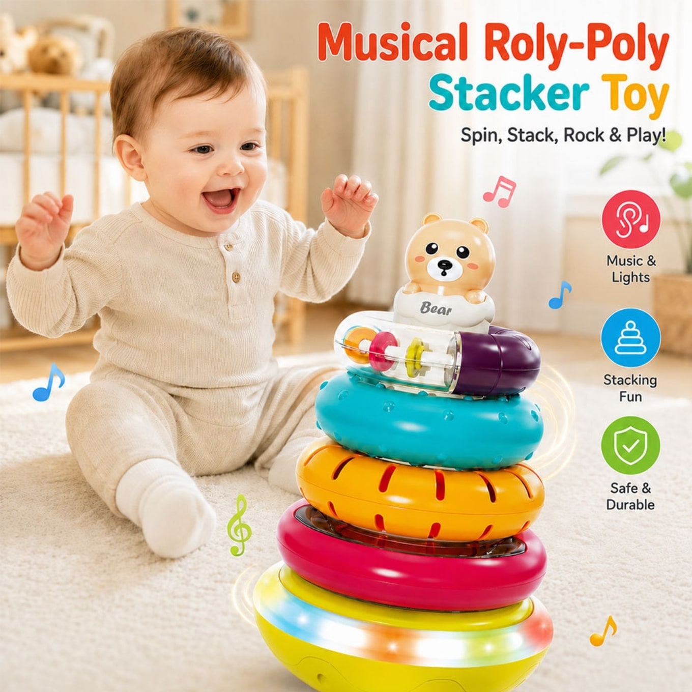 Little Angel - Baby Musical Stacking Rings Learning Bear Toy