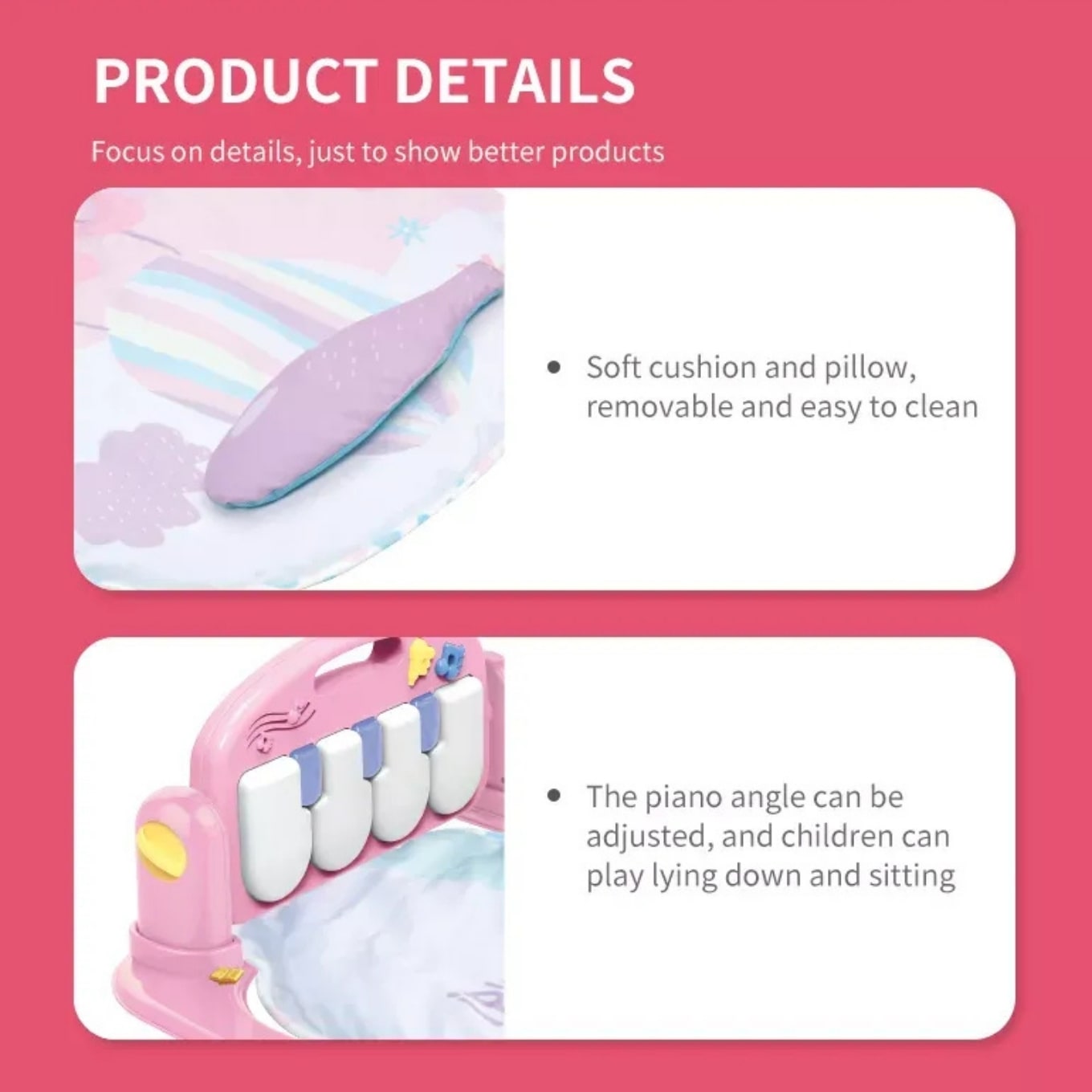 Huanger - Baby Play Mat Gym with Piano & Hanging Rattle Toys - Pink