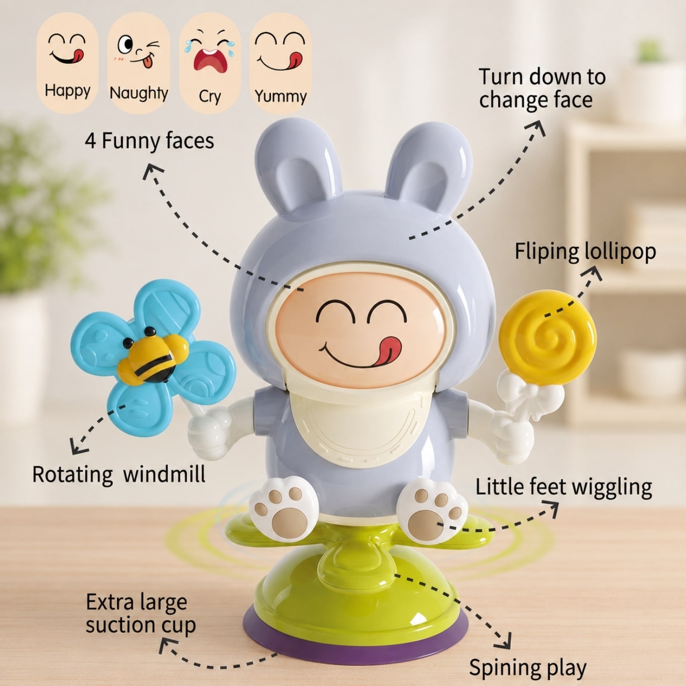 Rabbit Spinning Suction Cup Baby Activity Toy - Blue