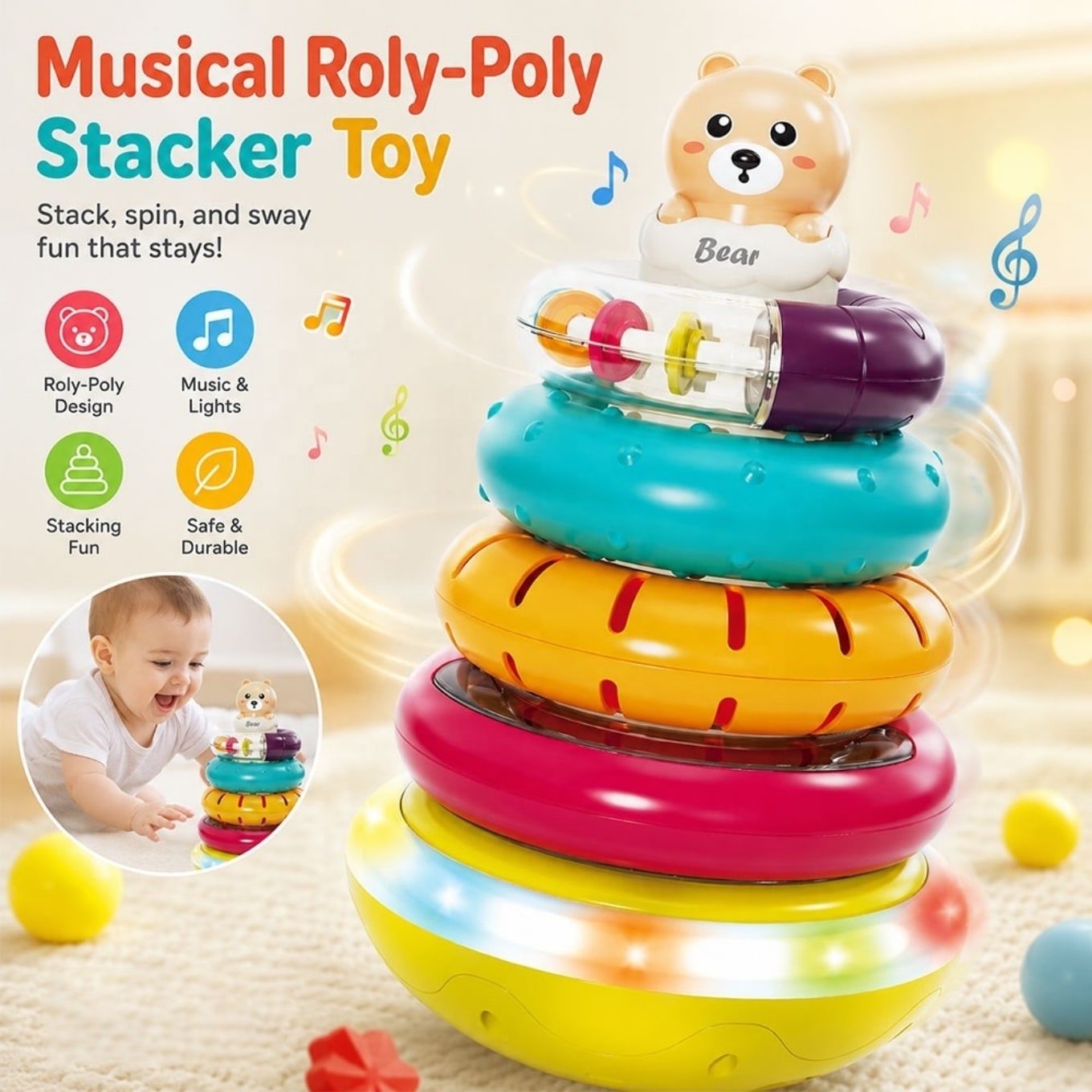 Little Angel - Baby Musical Stacking Rings Learning Bear Toy