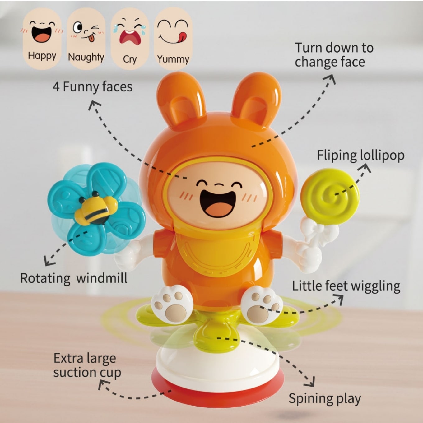 Rabbit Spinning Suction Cup Baby Activity Toy - Orange