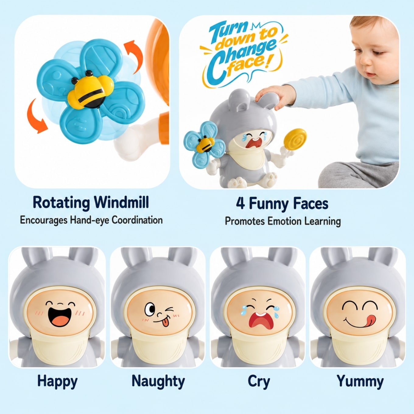 Rabbit Spinning Suction Cup Baby Activity Toy – Blue