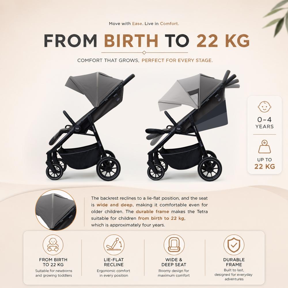 Neobreez – Tetra Pushchair Stroller With Cup Holder – Grey/Black