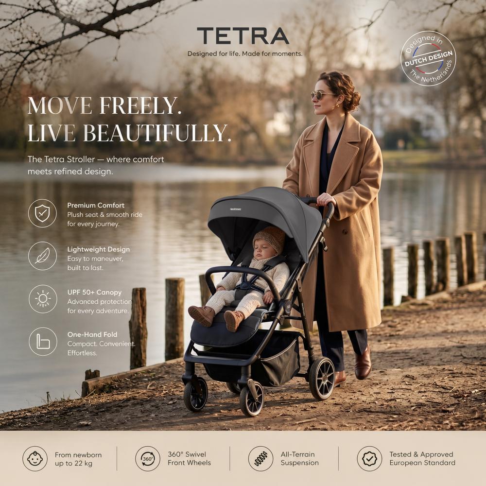 Neobreez – Tetra Pushchair Stroller With Cup Holder – Grey/Black