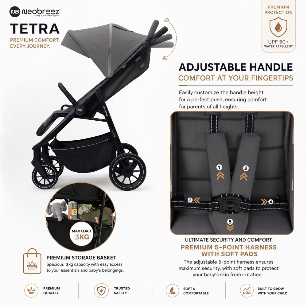 Neobreez – Tetra Pushchair Stroller With Cup Holder – Grey/Black
