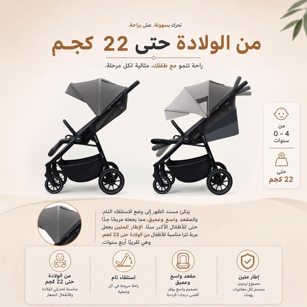 Neobreez – Tetra Pushchair Stroller With Cup Holder – Grey/Black