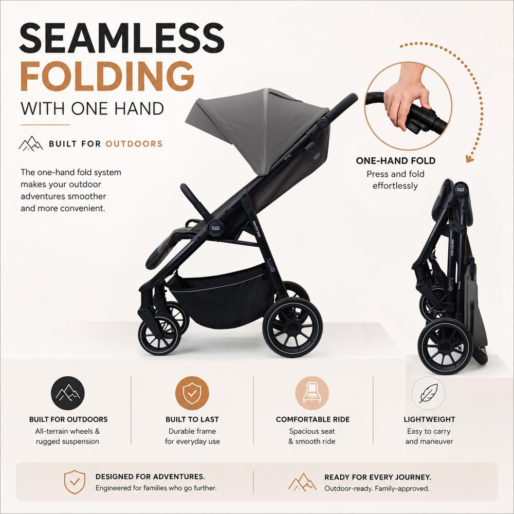 Neobreez – Tetra Pushchair Stroller With Cup Holder – Grey/Black