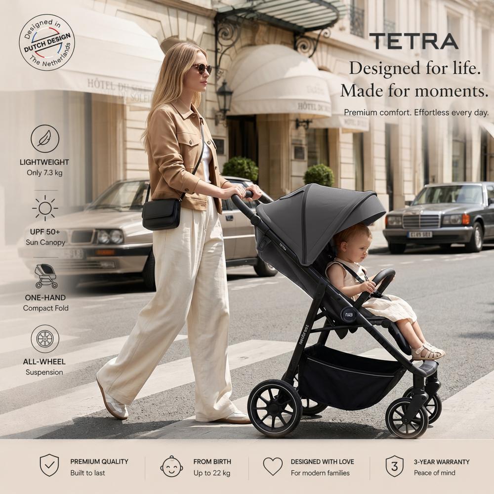 Neobreez – Tetra Pushchair Stroller With Cup Holder – Grey/Black