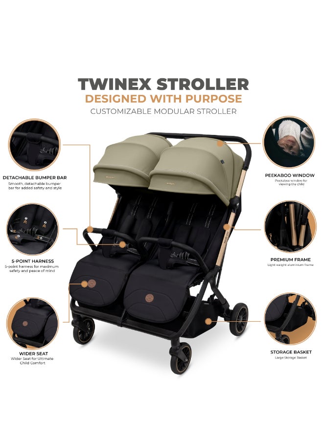 Neobreez - Twinex Auto Fold Double Stroller Compact Twin Stroller - Beige/Black