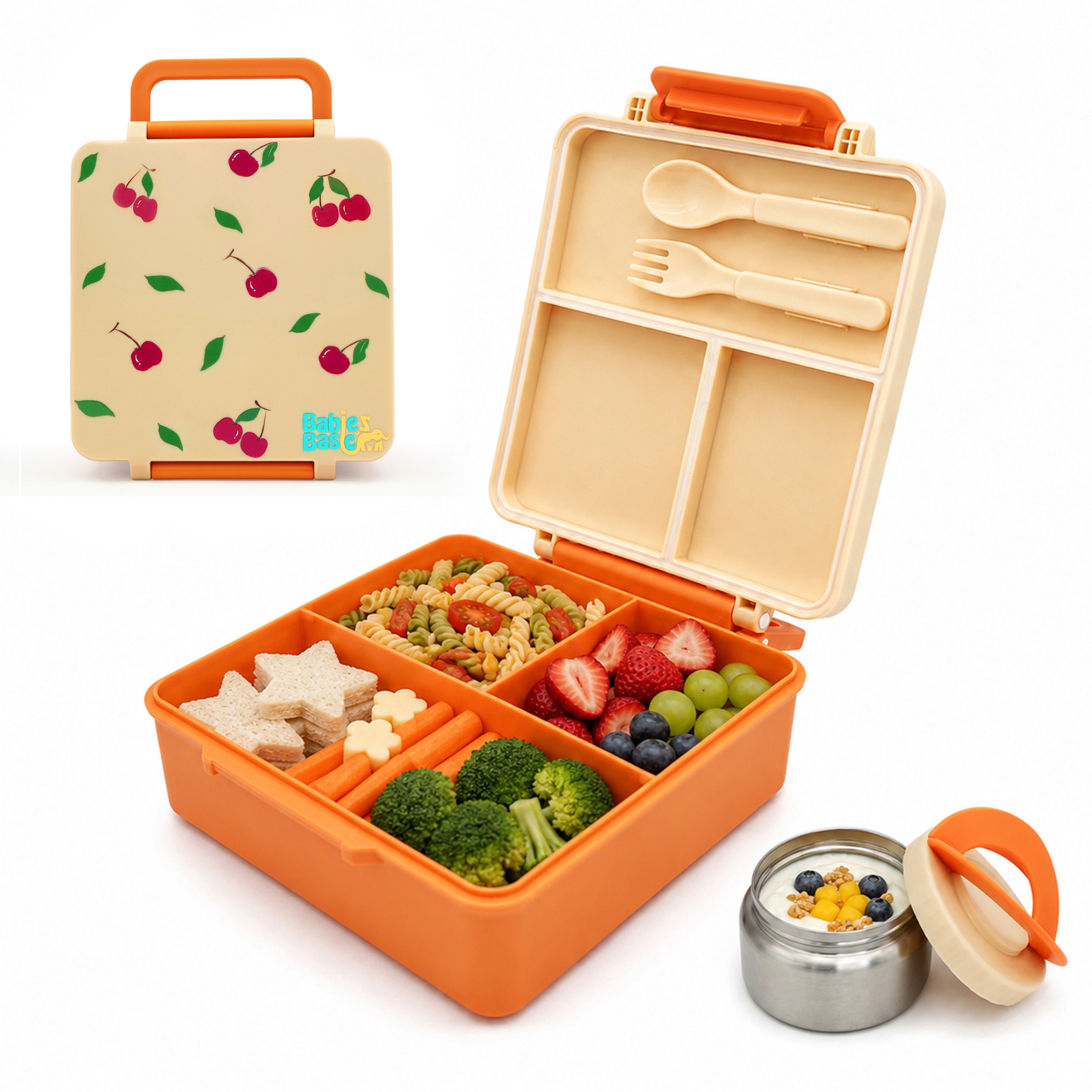 Babies Basic Insulated Bento Lunchbox, Built-in Thermos, Leakproof Compartments, 3+ Years - Beige - Fruit