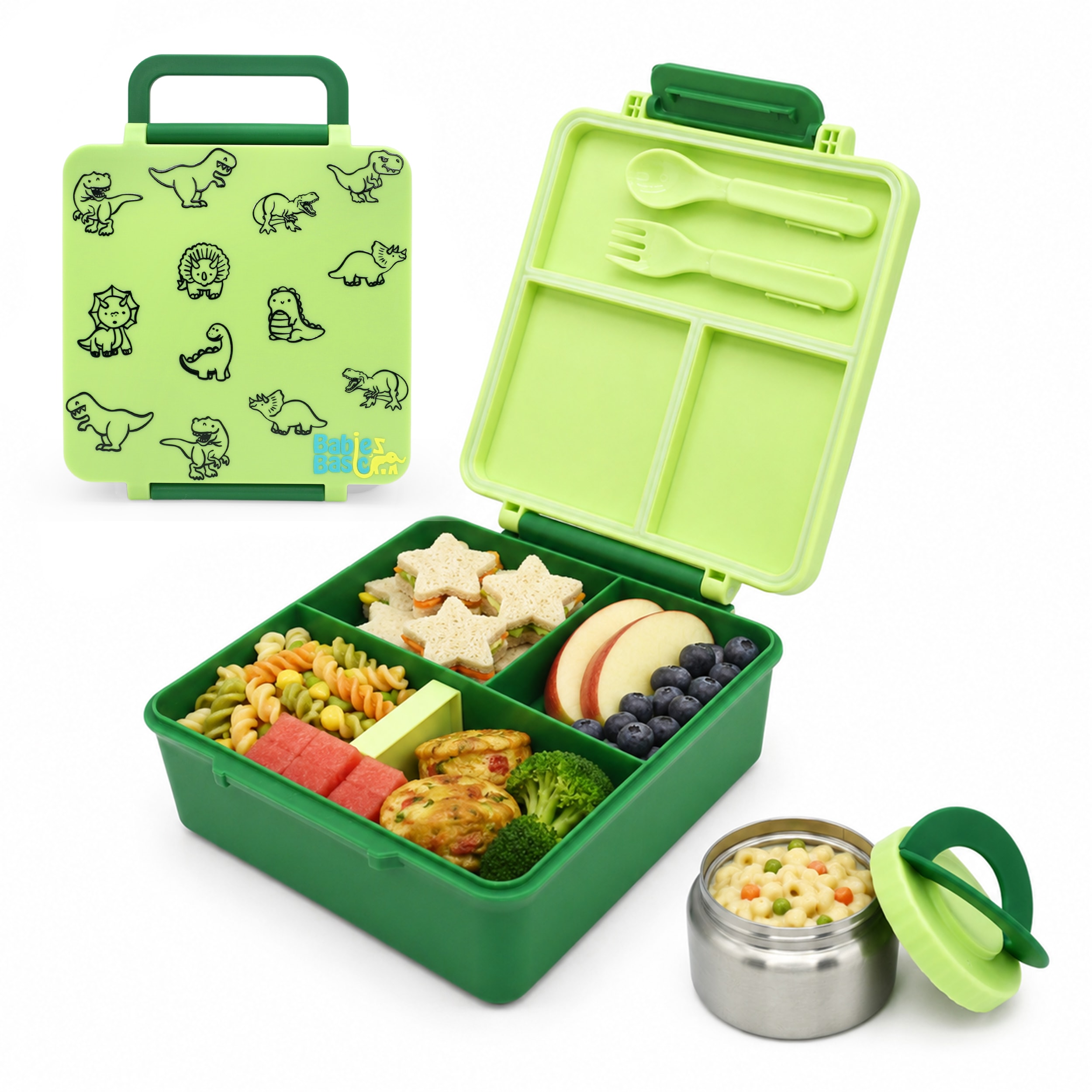 Babies Basic Insulated Bento Lunchbox, Built-in Thermos, Leakproof Compartments, 3+ Years - Green - Dinosaur