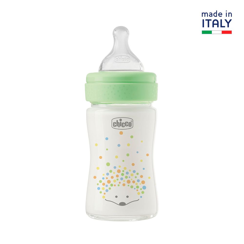 Chicco Perfect Easy Glass Feeding Bottle 150ml Slow Flow 0m+ Silicone, Green