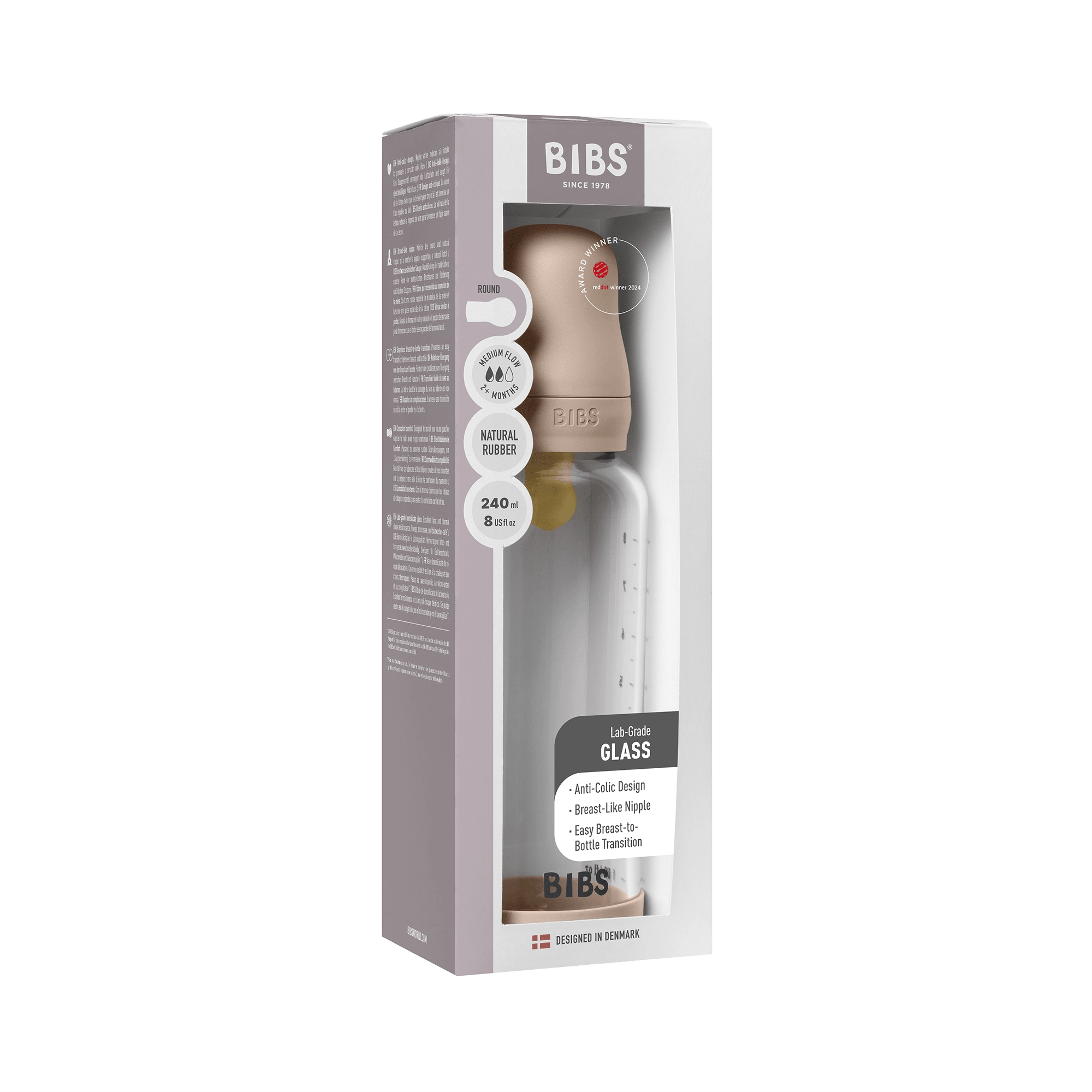 BIBS Glass Baby Bottle Round Latex 1 pack 240 ml Medium Flow Blush