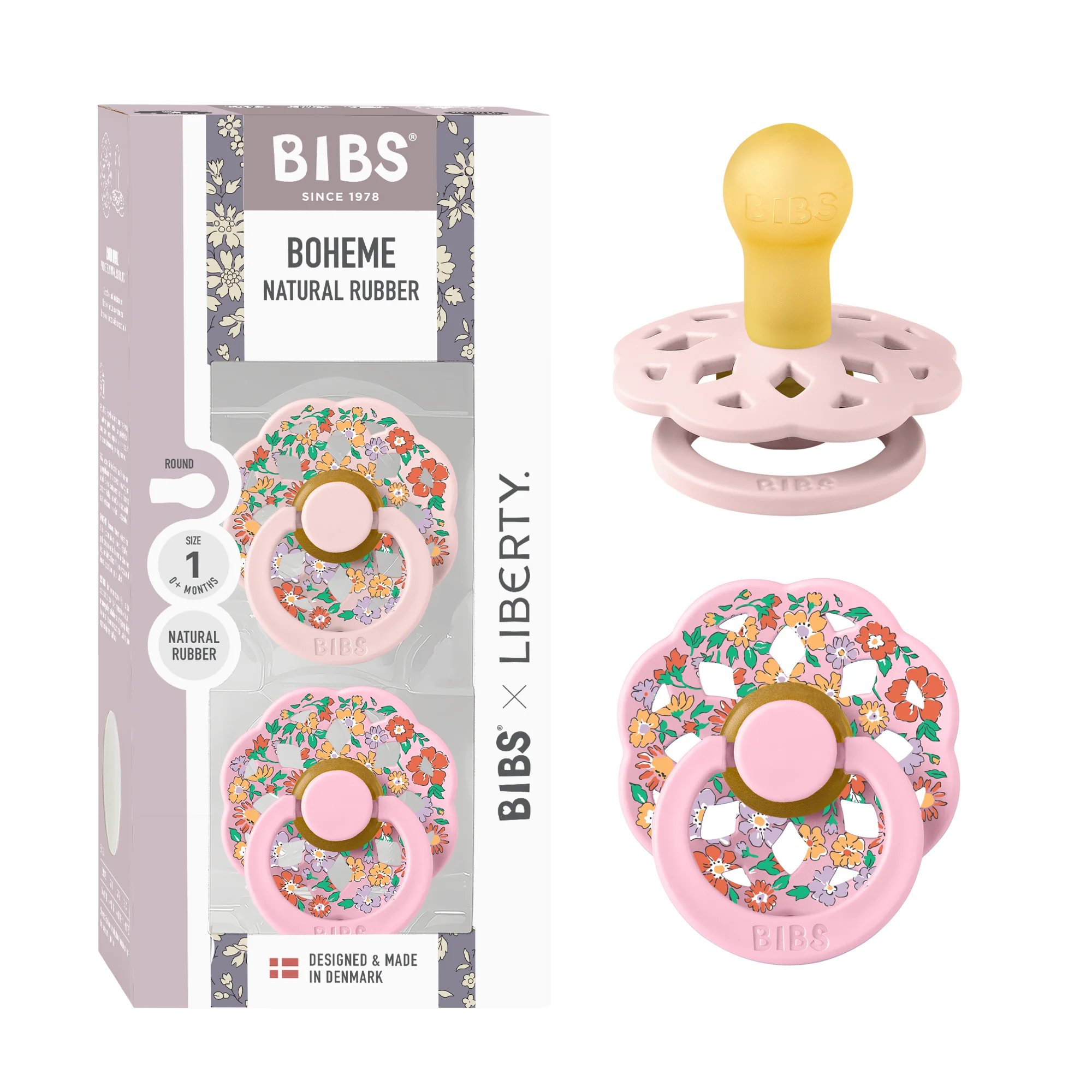 BIBS X Liberty Pacifier Boheme 2 Pack Oscar Meadow Latex Size 1 Blossom Mix