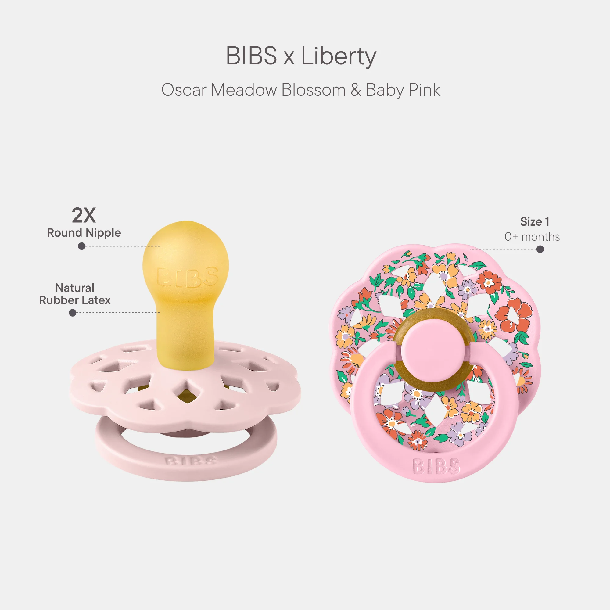 BIBS X Liberty Pacifier Boheme 2 Pack Oscar Meadow Latex Size 1 Blossom Mix