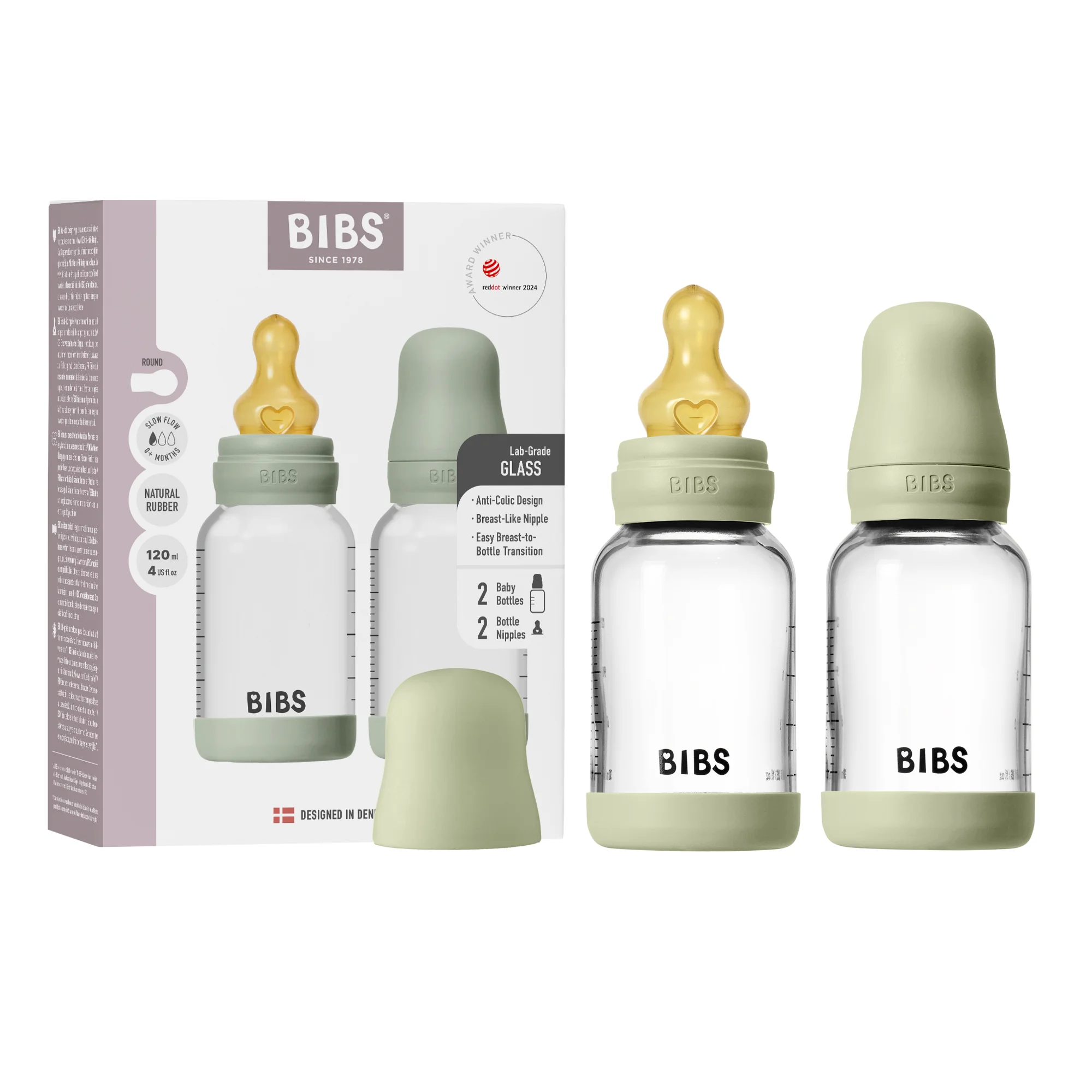 BIBS Glass Baby Bottle Round Latex 2 Pack 120 Ml Slow Flow Sage