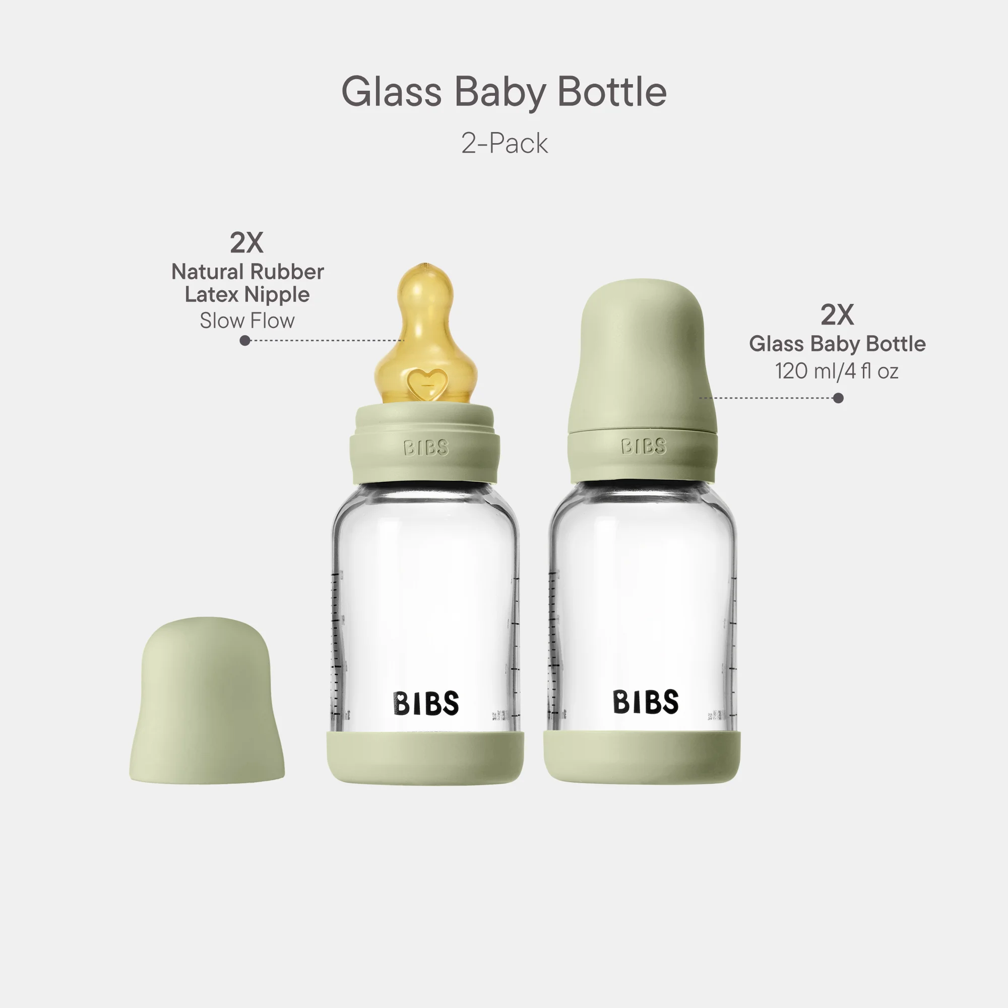 BIBS Glass Baby Bottle Round Latex 2 Pack 120 Ml Slow Flow Sage