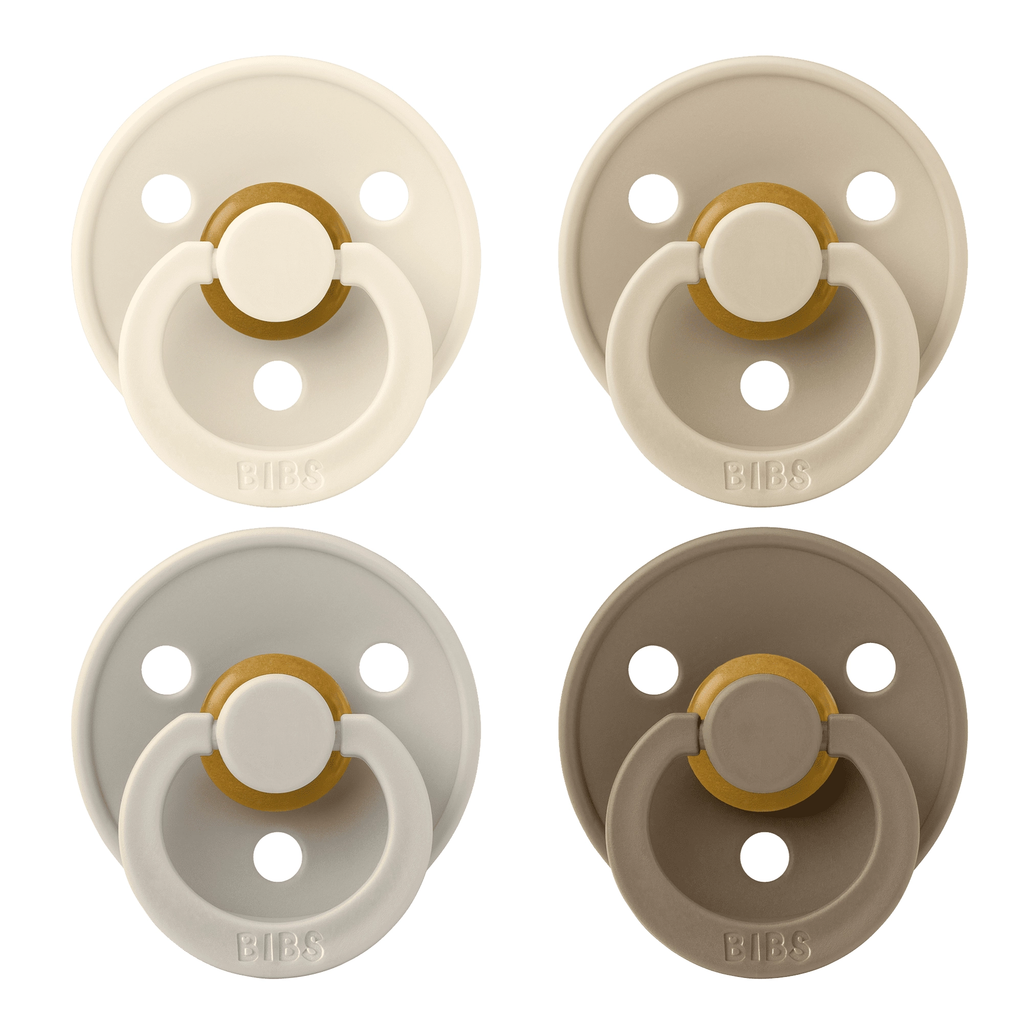 BIBS Round Pacifier Colour 4 Pack Latex Size 1 Ivory Sand Vanilla Dark Oak