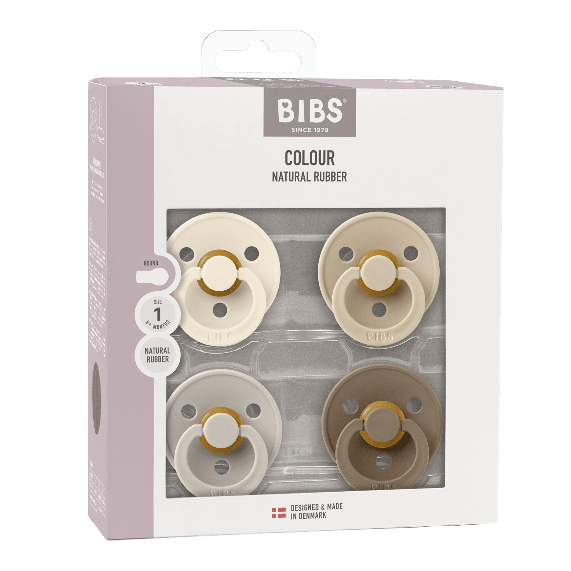 BIBS Round Pacifier Colour 4 Pack Latex Size 1 Ivory Sand Vanilla Dark Oak