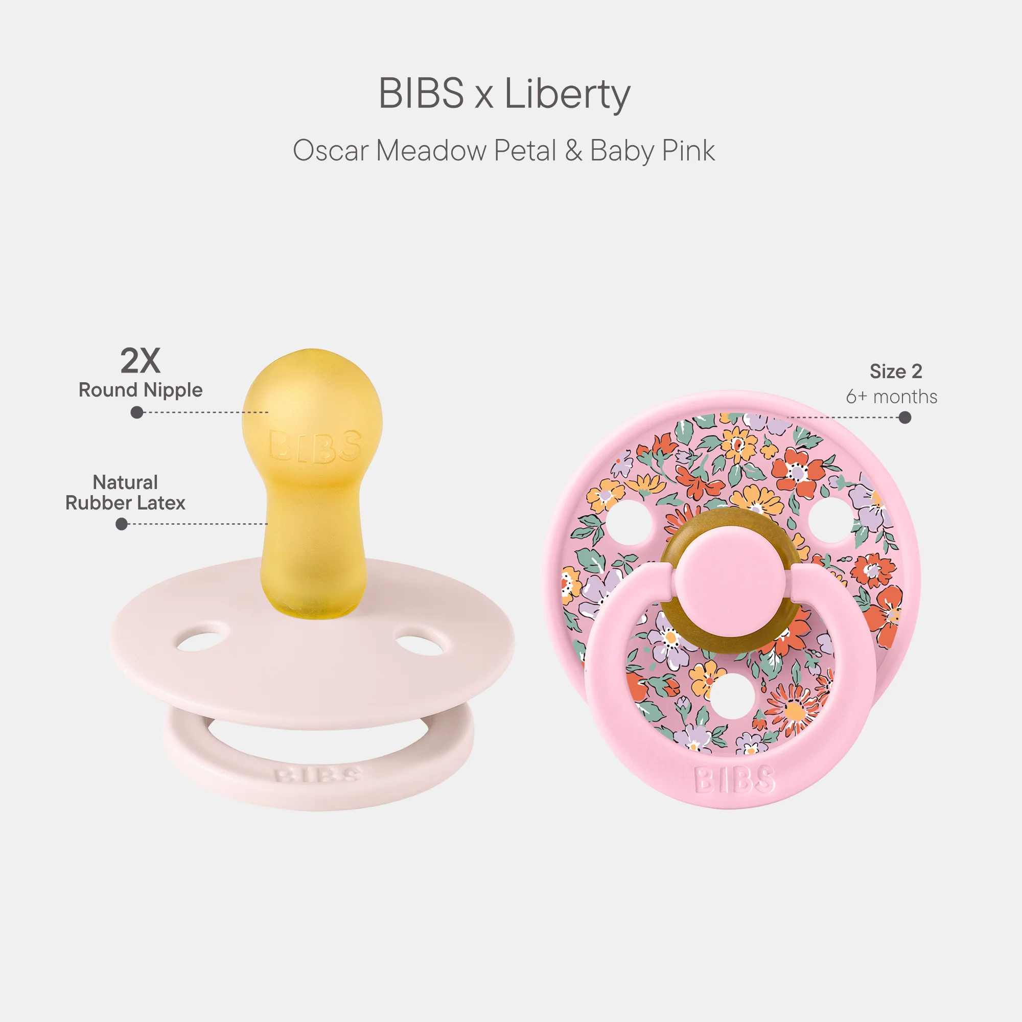 BIBS X Liberty Pacifier Colour 2 Pack Oscar Meadow Latex Size 2 Petal Mix