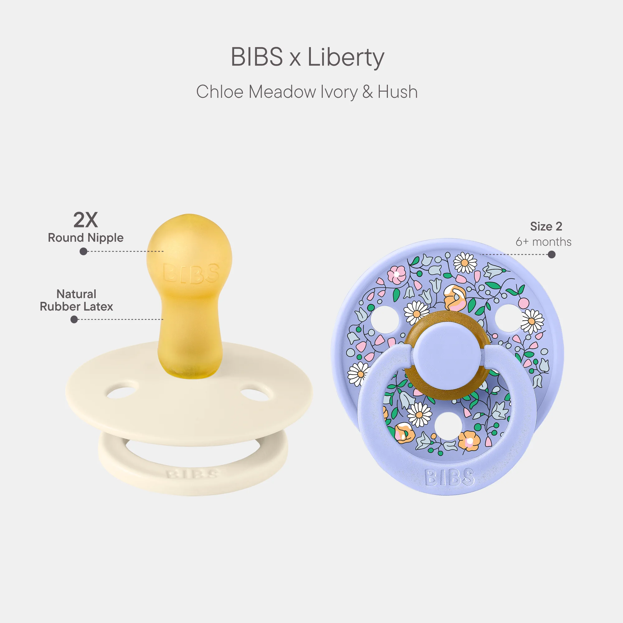 BIBS X Liberty Pacifier Colour 2 Pack Chloe Meadow Latex Size 2 Ivory Mix