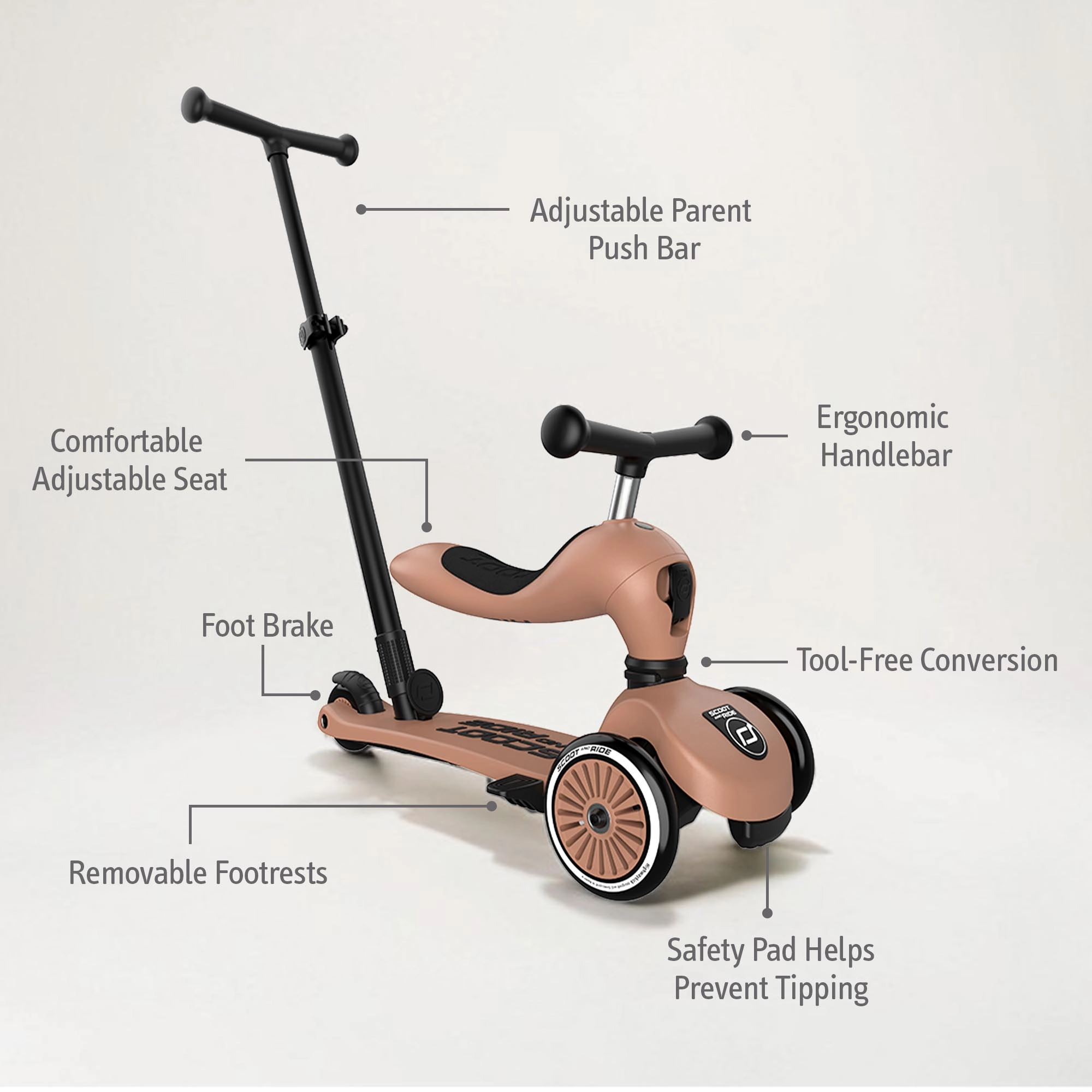 Scoot & Ride Highwaykick 1 Push & Go, 2-in-1 Toddler Scooter with Seat, Adjustable Parent Push Bar, Removable Footrests & Convertible Ride-On, Mocha