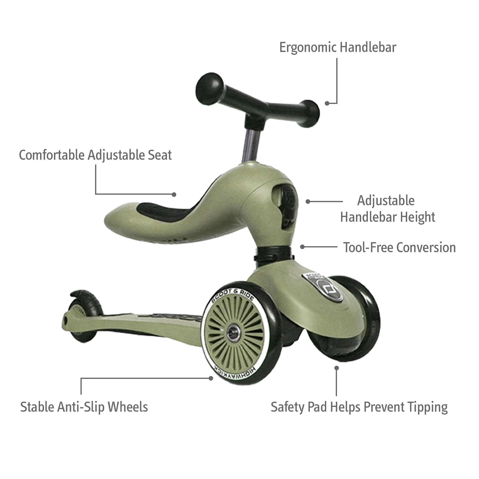 Scoot & Ride Highwaykick 1 Kids Scooter with Adjustable Seat, 2-in-1 Kick Scooter for Children Aged 1–5 Years, Olive