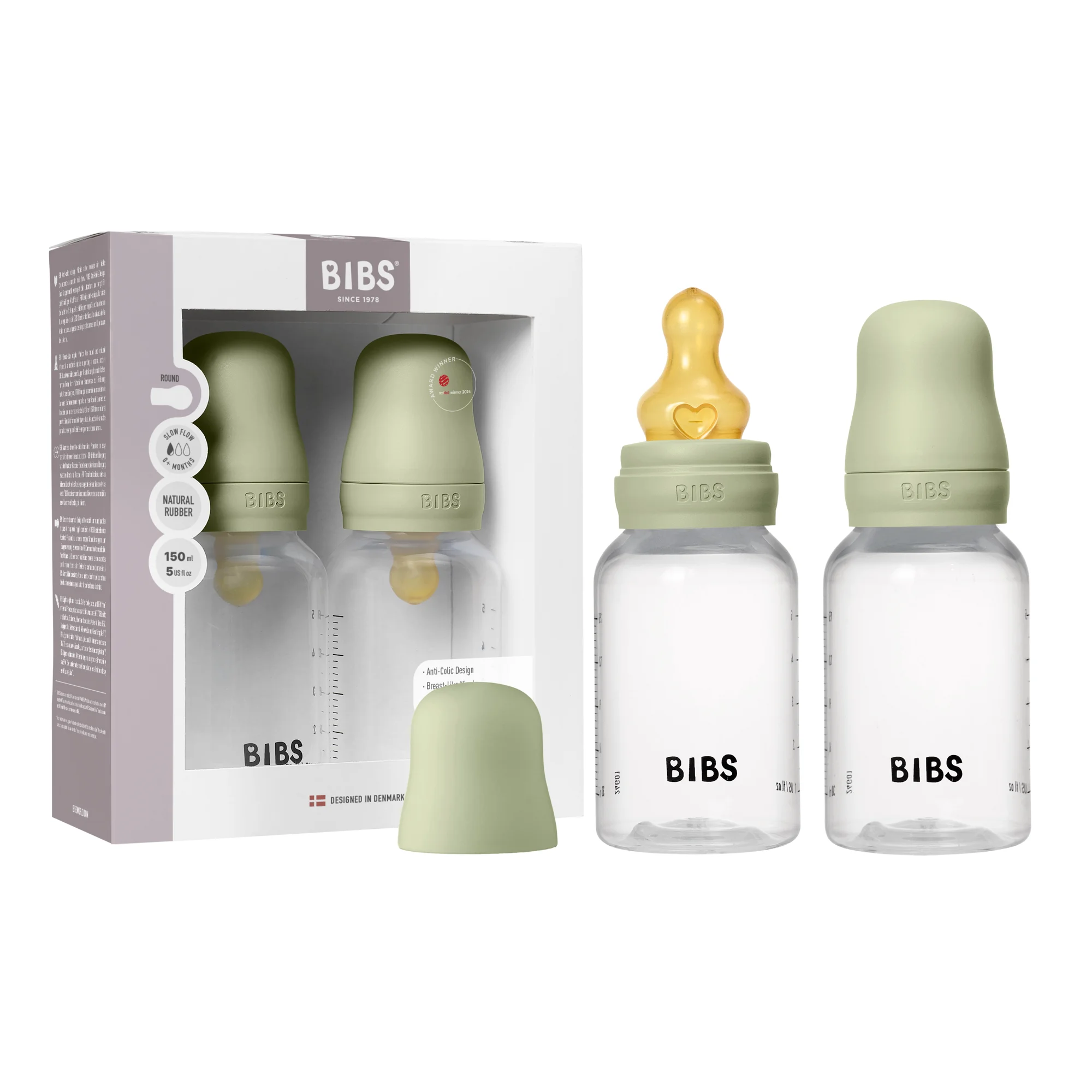 BIBS Baby Bottle Round Latex 2 Pack 150 Ml Slow Flow Sage