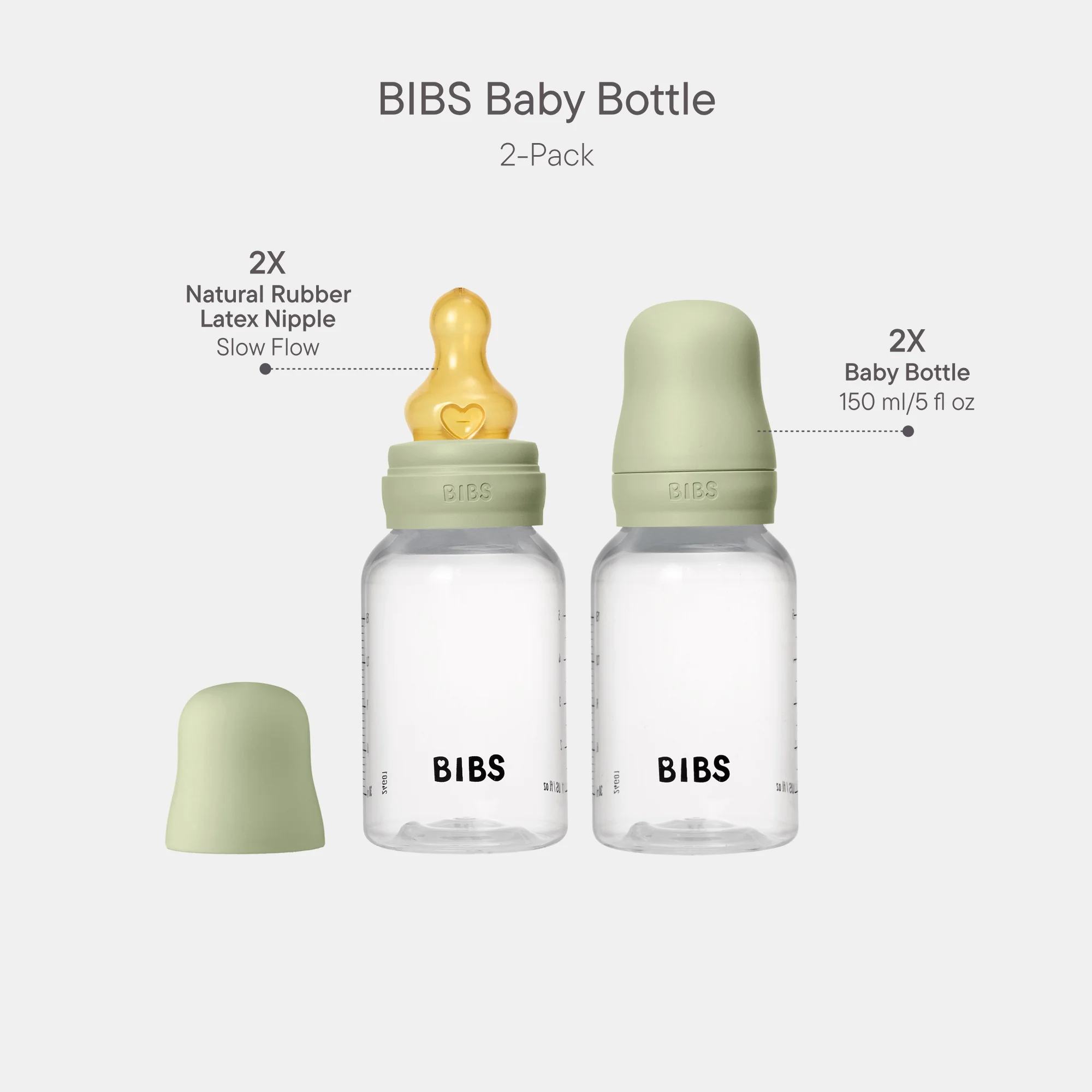 BIBS Baby Bottle Round Latex 2 Pack 150 Ml Slow Flow Sage
