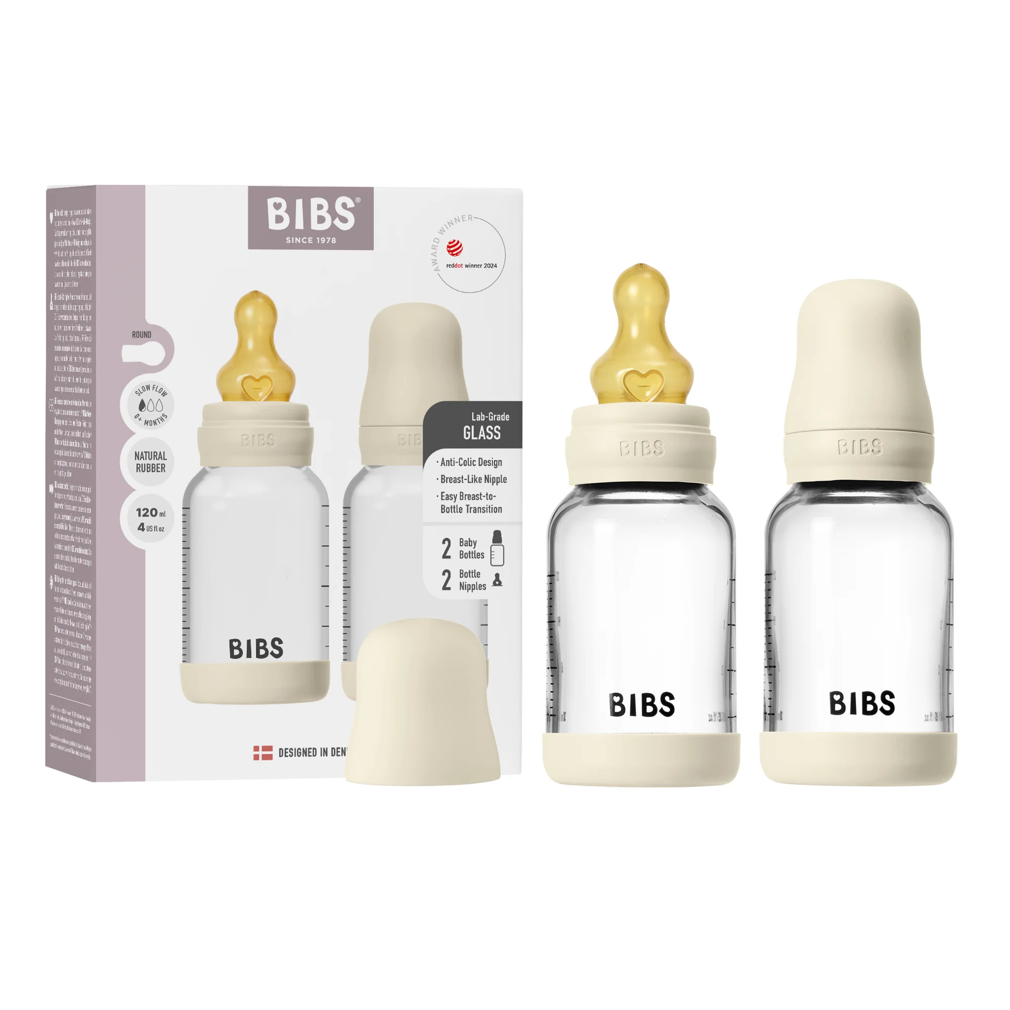BIBS Glass Baby Bottle Round Latex 2 Pack 120 Ml Slow Flow Ivory